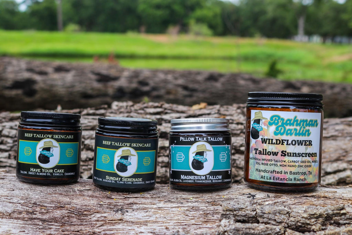 Natural beef tallow skincare products made from ranch-raised cattle