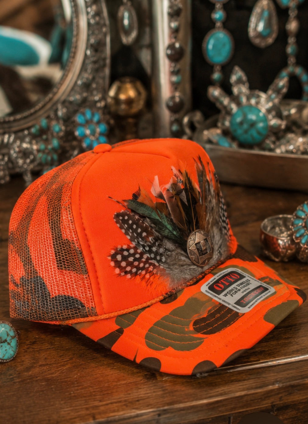 Feather Trucker Hat | Camo + Orange Trucker Hat | Brahman Darlin Hat